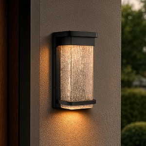 ALOADECOR 1-Light H12 in Modern Seeded Glass12W Integrated LED Outdoor Wall Sconce with Dusk to Dawn Sensor in Matte Black for Porch Patio (¨2 Pack) - 1 of 4