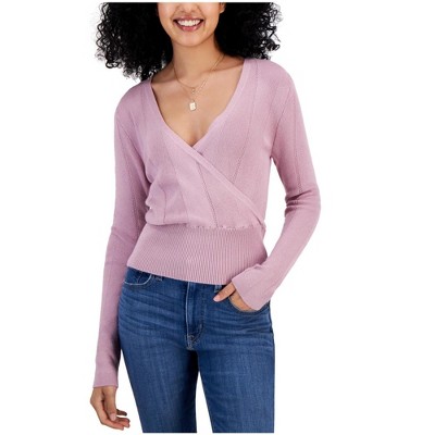 Hippie Rose Womens Surplice Neck Ribbed Hem Pullover Sweater, Purple, Small