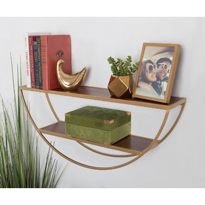 Walnut Brown and Gold Half-Moon Floating Wall Shelf