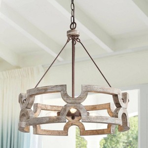 LNC Timeless 3-Lights 19.5" Farmhouse/Rustic Small Drum Chandelier, Rustic Bronze and Weathered White Wood Tone - 1 of 4