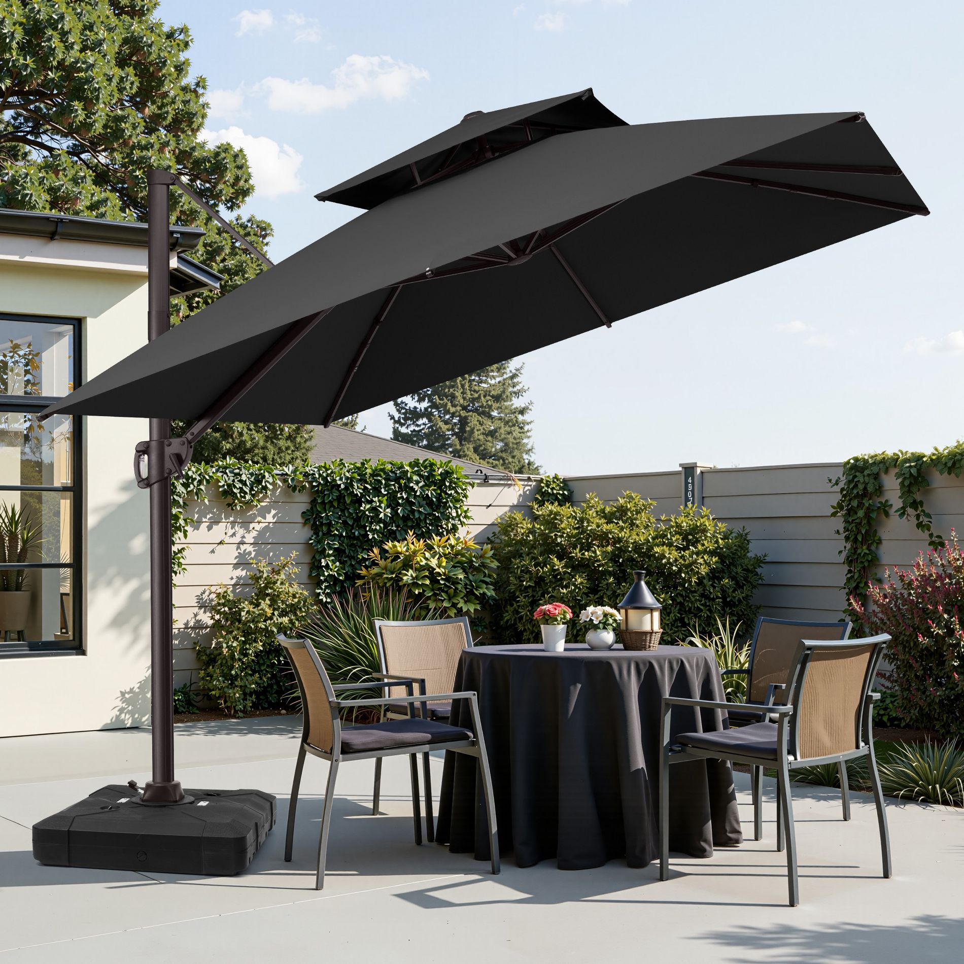 Crestlive Products 2-Tier Top Slide Tilt Patio Cantilever Offset Umbrella 10Ft Square Canopy 360° With Wheel Base