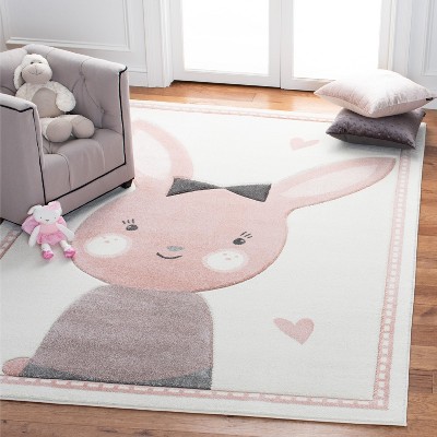 Handmade Pink and Ivory Rectangular Kids Rug, 6'-7" x 9'