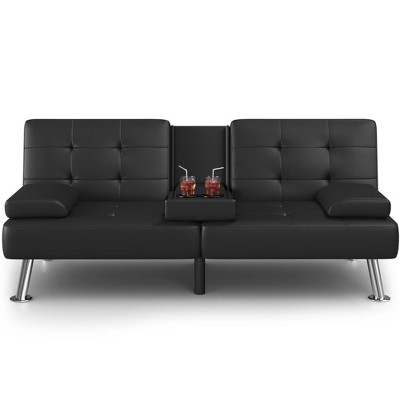 LACOO Faux Leather Futon Convertible Couch with 2 Cup Holders