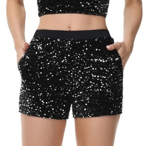 Anna-Kaci Women's High-Waisted Sequin Shorts with Elastic Waistband and Side Pockets - 1 of 4