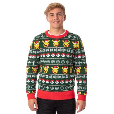 Seven Times Six Pokemon Men's Santa Pikachu Holiday Fair Isle Ugly Christmas Sweater Green