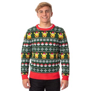Seven Times Six Pokemon Men's Santa Pikachu Holiday Fair Isle Ugly Christmas Sweater Green - 1 of 4