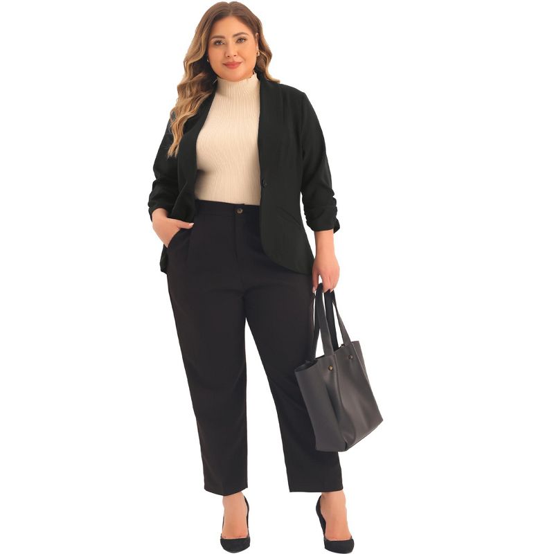 Agnes Orinda Women's Plus Size 3/4 Ruched Sleeve Open Front Lightweight Work Office Suit Blazer, 3 of 6