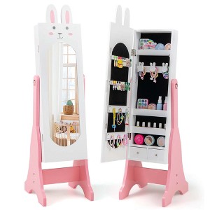 Costway Kids Jewelry Cabinet Standing Children Jewelry Organizer with Full-Length Mirror White/Pink - 1 of 4