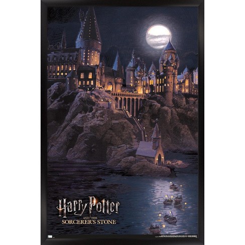 Trends International Harry Potter The Sorcerer's Stone Hogwarts At Night Framed Poster Prints Black Framed Version 22.375" 34" : Target
