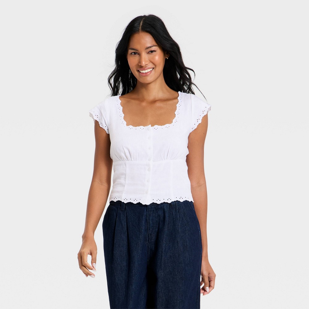 Women's Button-Front Scalloped Hem Top - A New Day™ Bright White S