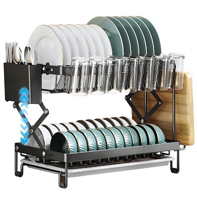 LunaLulinlk Dish Drying Rack, 2-Tier Stainless Steel with Drain Tray and Utensil Holder, Space-Saving for Kitchen Counter or Sink