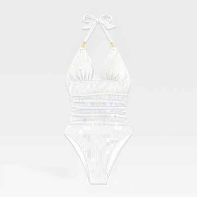 Womens One Piece Swimsuits Halter Neck Tummy Control Swimsuit Open Back Cheeky Bathing Suits Woven Textured Swimwear