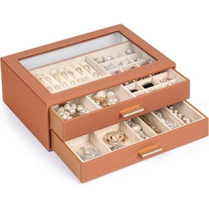 Leather Jewelry Box with Clear Lid, 2-Drawer Storage Organizer Case for Necklaces, Rings, Earrings, Bracelets - 1 of 4