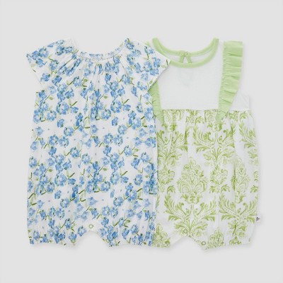Image of Burt's Bees Baby® Baby Girls' 2pk Rose Garden Bubble Romper Set - White 6-9M