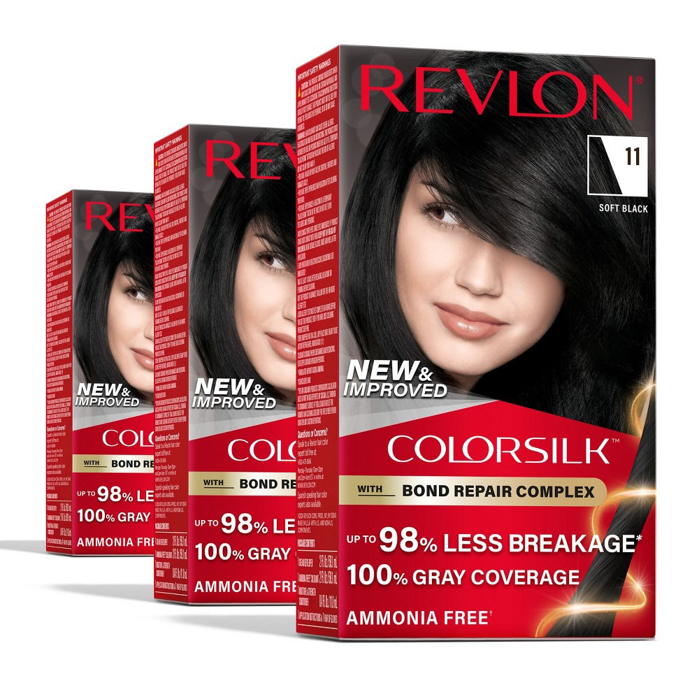 Photos - Hair Dye Revlon ColorSilk Permanent Hair Color with Bond Repair Complex - 011 Soft Black - 13.2 fl oz/3ct 11 Soft Black 