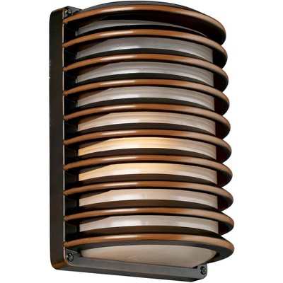 John Timberland Modern Outdoor Wall Light Fixture Rubbed Bronze 10" Banded Grid Frosted Glass for Exterior House Porch Patio Deck