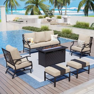 Captiva Designs 6pc Metal Patio Outdoor Conversation Fire Pit Set with Rocking Grid-back Armchairs and Ottomans for Garden, Poolside, Backyard - 1 of 4