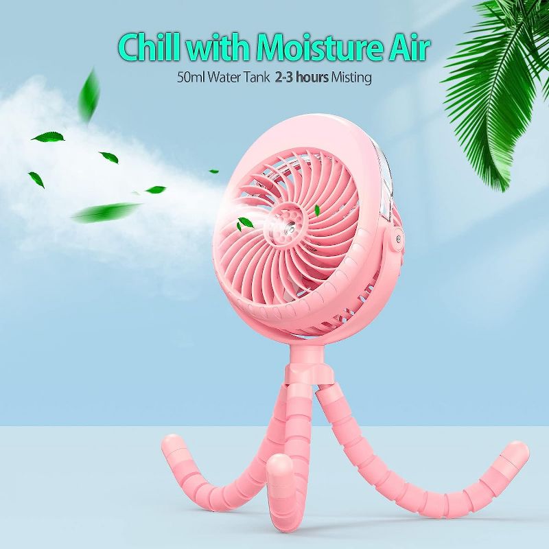PANERGY Portable Stroller Fan with Mist, Rechargeable Misting Fan with Water Spray, 270° Pivot Personal Mister Fan with Flexible Tripods - Pink, 2 of 8