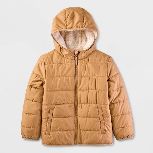 Kids Solid Reversible Puffer Jacket Cat Jack Tan L