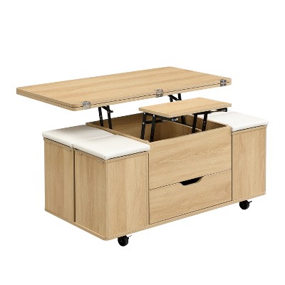 Vynxaria Modern Multi-Functional Lift-Top Coffee Table with 4 Storage Stools, Lockable Casters, Natural & White for Modern Living Spaces