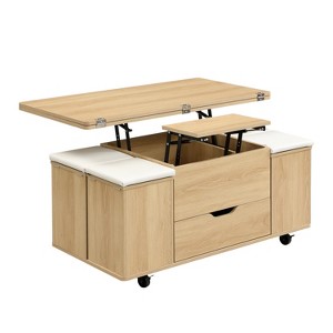Vynxaria Modern Multi-Functional Lift-Top Coffee Table with 4 Storage Stools, Lockable Casters, Natural & White for Modern Living Spaces - 1 of 4