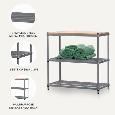 Silver Metal Mesh Storage Workbench with Wood Top
