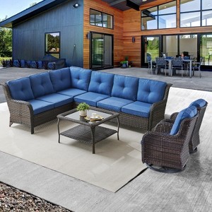 Belord 5PCS Outdoor Sectional Patio Furniture Set with Swivel Chairs, All Weather Wicker L Shape Outdoor Sectional Sofa Outdoor Conversation Set - 1 of 4