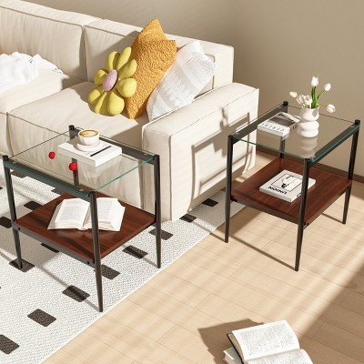 Set of 2 Modern Rectangle Side Tables, Tempered Glass Top with MDF Layer and Iron Frame, End Tables for Living Room or Bedroom – Cuddlewood