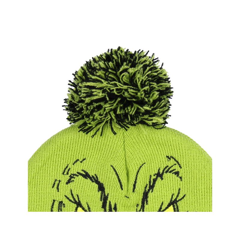Dr. Seuss The Grinch Who Stole Christmas Pom Beanie Hat Embroidered Character Green, 4 of 5