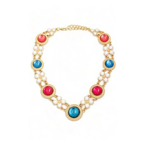 Slickblue Gold Ball Bead Necklace, Vintage Station Design, Multi-Color Beads, Boho Statement Jewelry, 16"+2" - 1 of 3