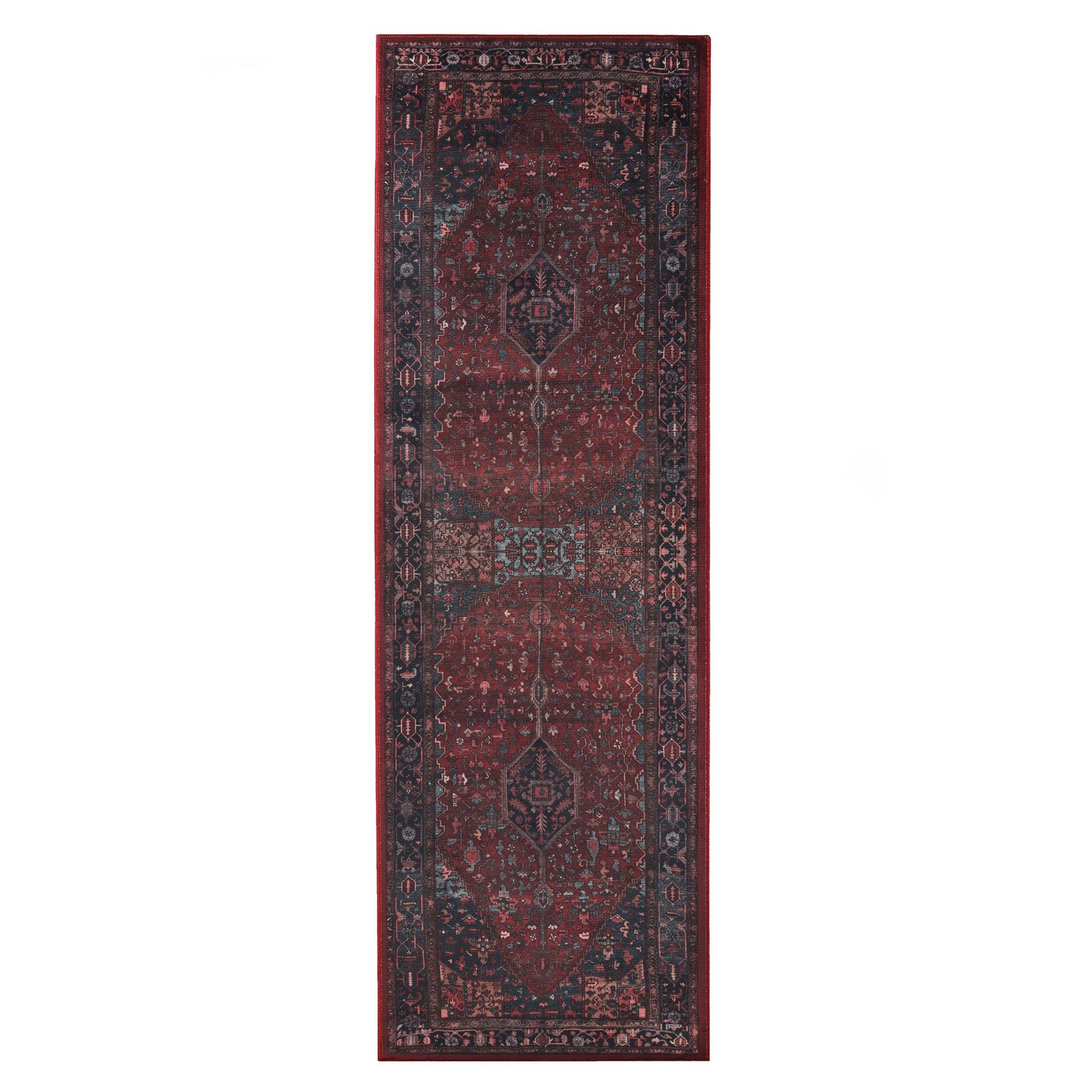 Vintage Faded Floral Medallion Border Machine Washable Indoor Area Rug or Runner, 2'7"x12', Red - Blue Nile Mills