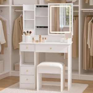 Homy Casa Vanity Table Set with Lighted Mirror and Storage Drawers for Bedroom or Dressing Room, White - 1 of 4