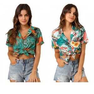 Allegra K Women's Hawaiian Floral Leaves Printed Short Sleeve Button Down Vintage Shirt 2 Pcs - 1 of 4