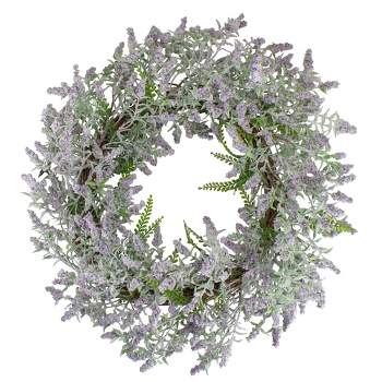 Northlight Lavender and Leaves Spring Floral Artificial Wreath, Purple - 22-Inch