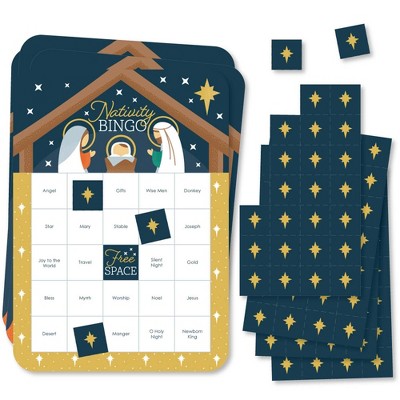 Big Dot of Happiness Holy Nativity - Bingo Cards and Markers - Manger Scene Religious Christmas Shaped Bingo Game - Set of 18
