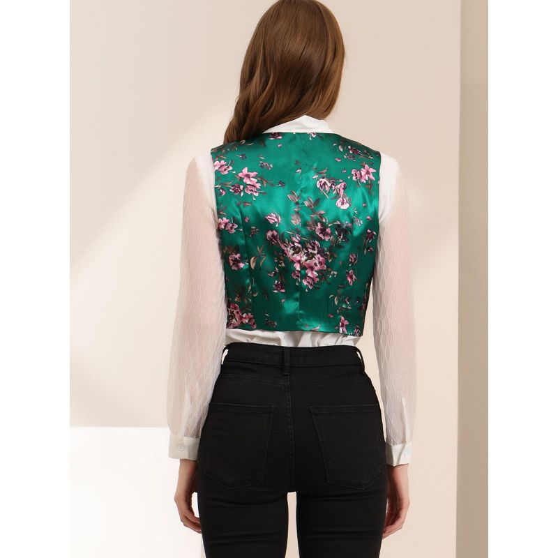 Allegra K Women's Floral Pattern Button Closure Satin Waistcoat Vest, 5 of 6