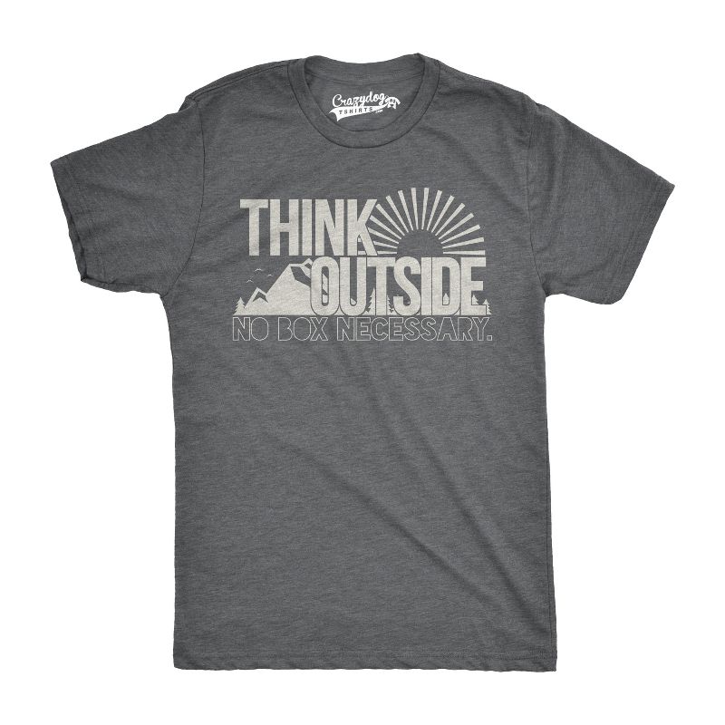 Mens Think Outside Funny No Box Necessary Hiking Camping Vintage Graphic T shirt - Crazy Dog Men's T Shirt For Campers Dark Grey S