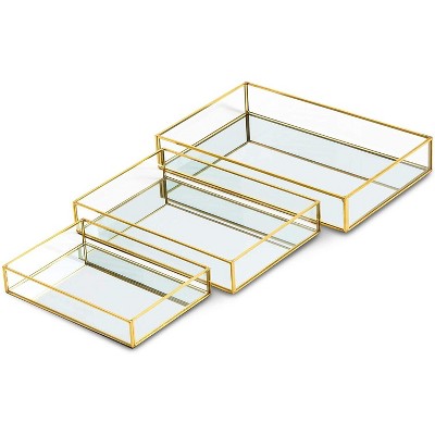 Set of 3 Gold Mirror Jewelry Tray Storage Organizer, Metal Glass Decorative Display Serving Tray for Makeup, 3 Sizes
