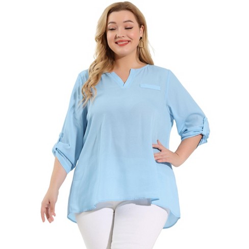 Agnes Orinda Women's Plus Size V Neck Babydoll 3/4 Sleeve Floral Flowy  Blouse Light Blue 3x : Target