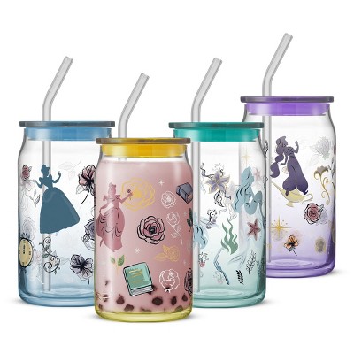 Disney Princess Pastel Icon Can Glasses w/ Lids & Straws, 16oz Set of 4