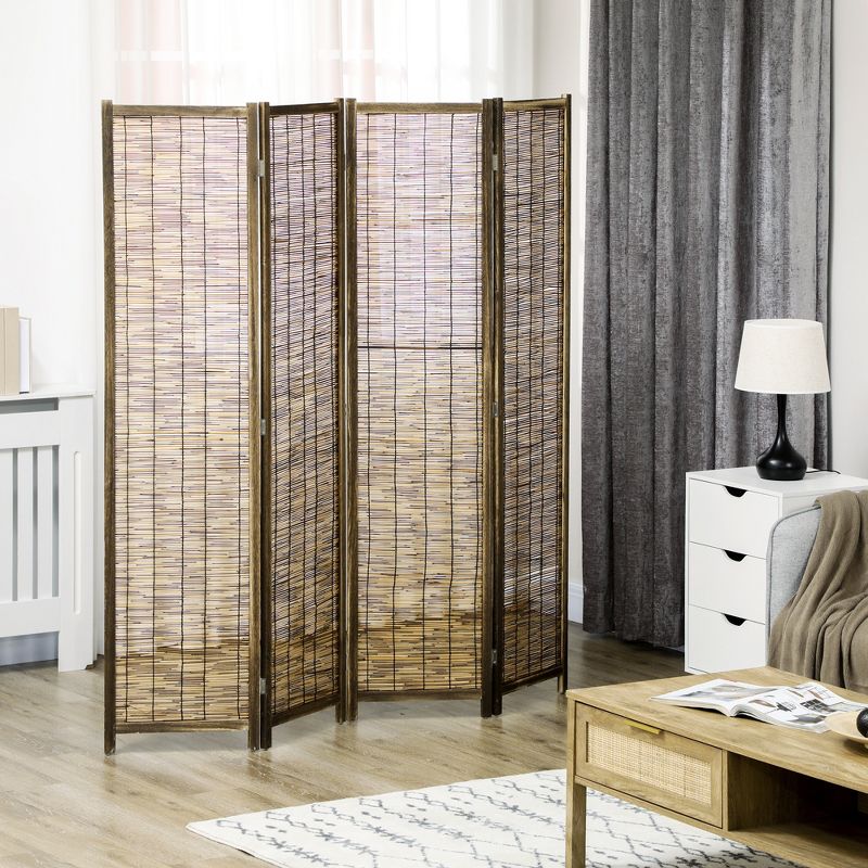 HOMCOM 5.5' Tall Room Divider with Wood & Hand Woven Reed, 4 Panel Folding Privacy Screens, Portable Partition Wall Divider, 3 of 7