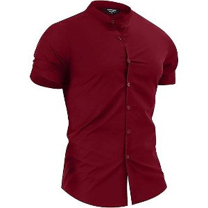 Men's Muscle Dress Shirts Slim Fit Stretch Banded Collar Short Sleeve Casual Button Down Shirt - 1 of 4