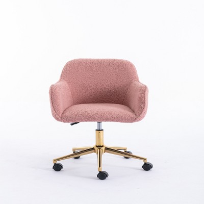 GlasFlength Task and Office Chairs Modern Teddy Fabric Adjustable Height Swivel Chair with Gold Base for Home Office, Pink, 24.8"*22.8"*33.8"