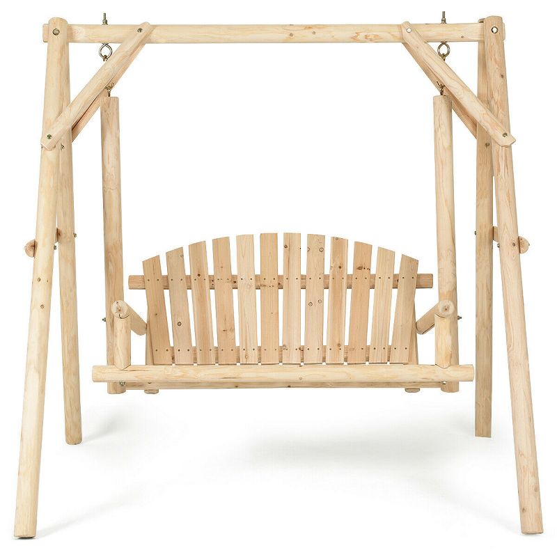 Costway A-Frame Wooden Porch Swing Outdoor garden rural Torched Log Curved Back Bench, 5 of 8