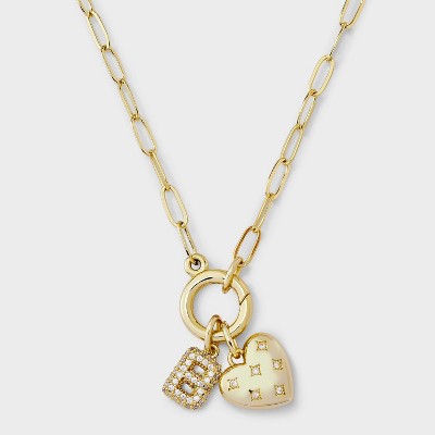 14K Gold Dipped Cubic Zirconia Puffy Heart Charm Initial Necklace - A New Day™ Gold