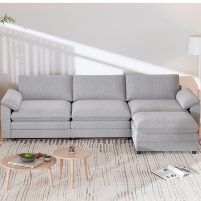 Mjkone Sectional Sofa, L Shape Sofa, Cloud Couch Dupe with Movable Ottoman, 3-Seat Sofa for Living Room and Apartment,117''