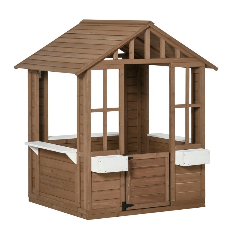 Outsunny Kids Wooden Playhouse, Outdoor Garden Games Cottage, with Working Door, Windows, Flowers Pot Holder, 47" x 38" x 54", 1 of 7