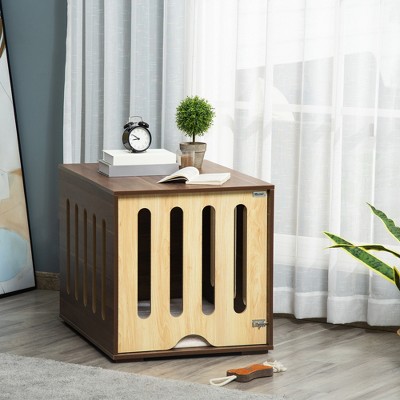 Medium Brown and White Wooden Dog Crate Table
