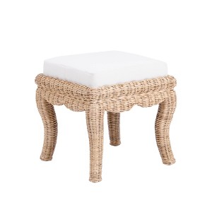 JONATHAN Y Rowan 19.7" Bohemian Designer Woven Rattan/Wood Ottoman Vanity Stool, White Cushion Seat - 1 of 4