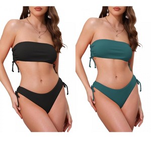 INSPIRE CHIC Women's Bandeau Drawstring Side Tie Ribbed Strapless Top Triangle Bottom Swimwear Bathing Bikini Suits 2 Sets - 1 of 4